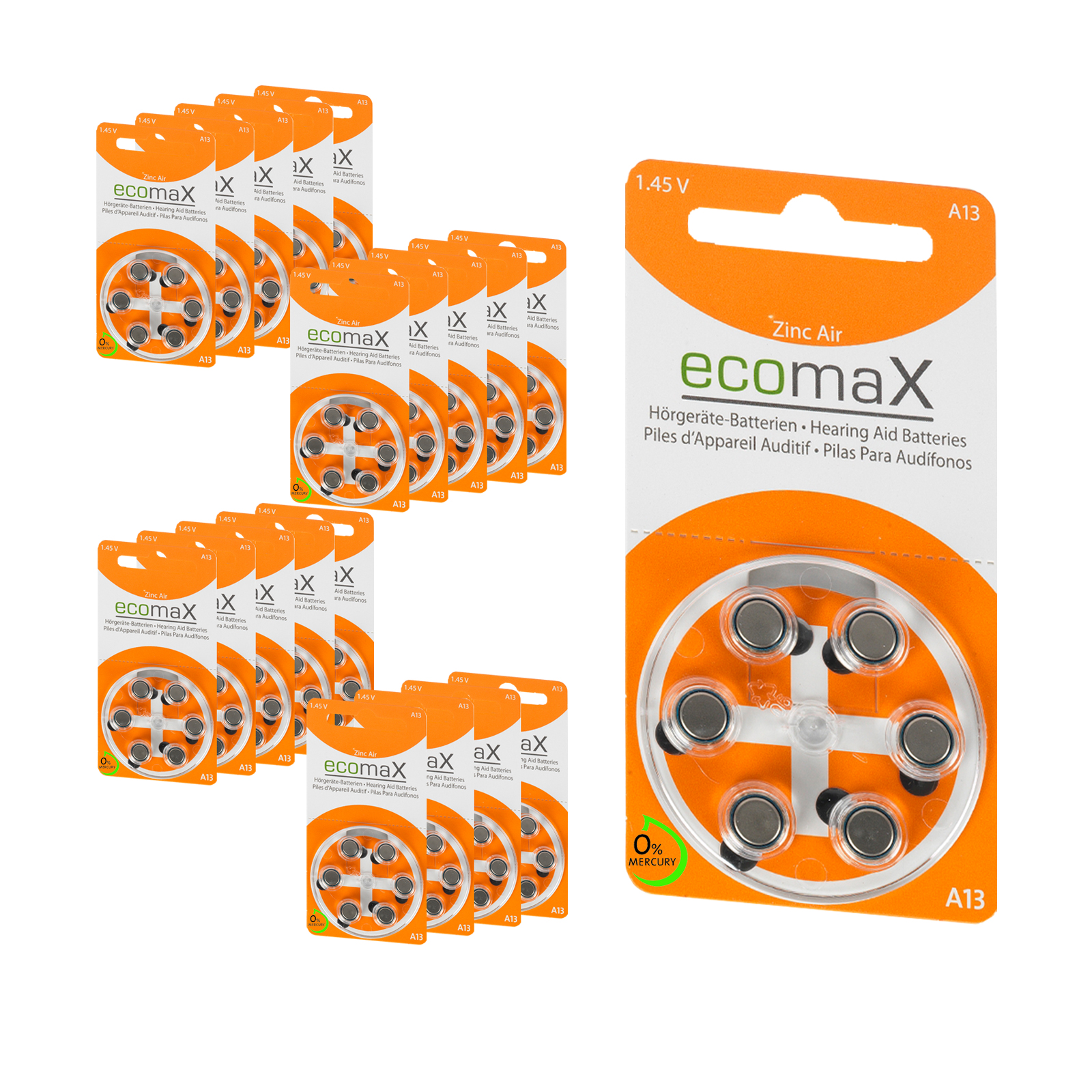 120 Batterien ecomax Hörgerätebatterie Typ 13 Orange PR48 120 Batterien ecomax Hörgerätebatterie Typ 13 Orange PR48