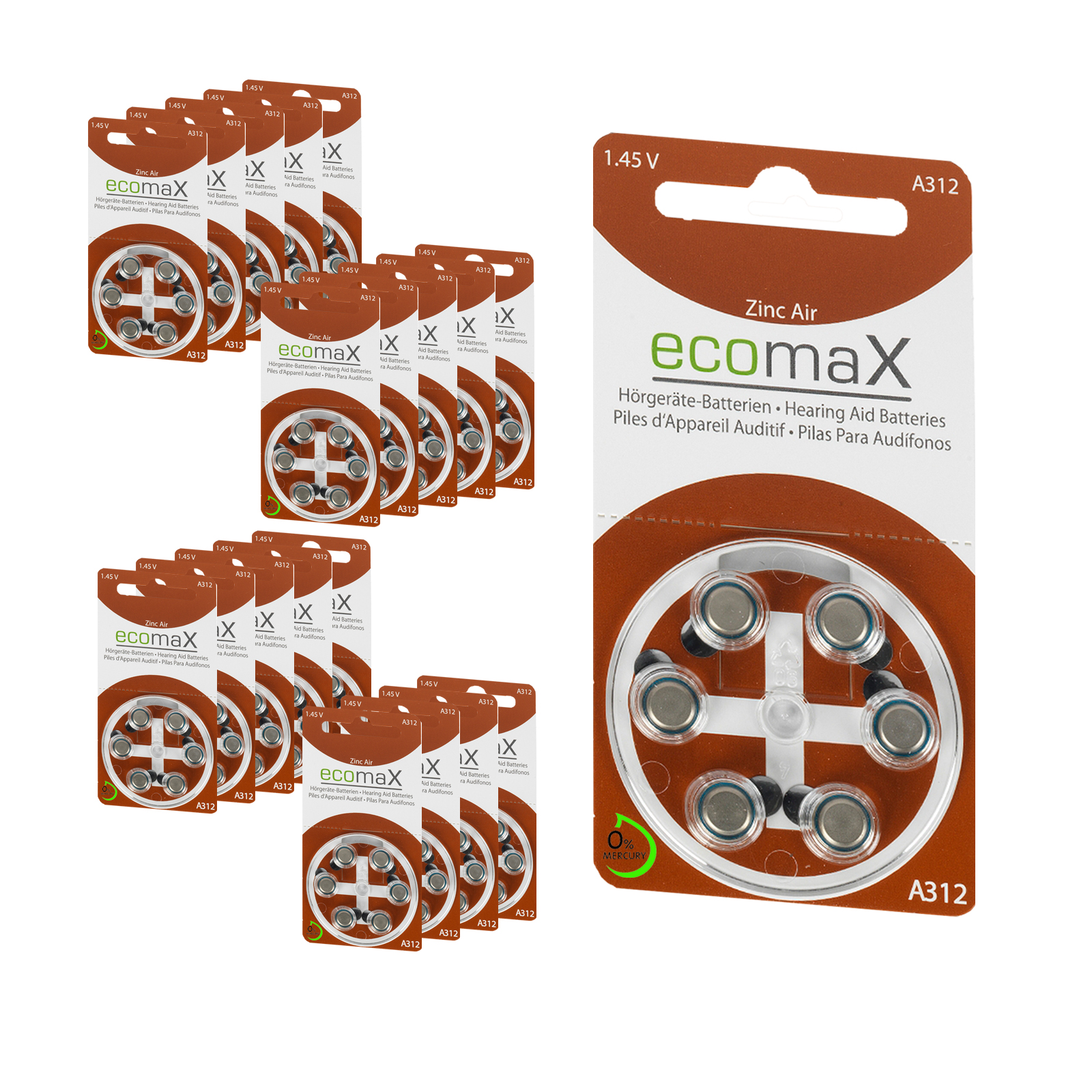 120 Batterien ecomax HÖRGERÄTEBATTERIE Typ 312 PR41 braun A312
