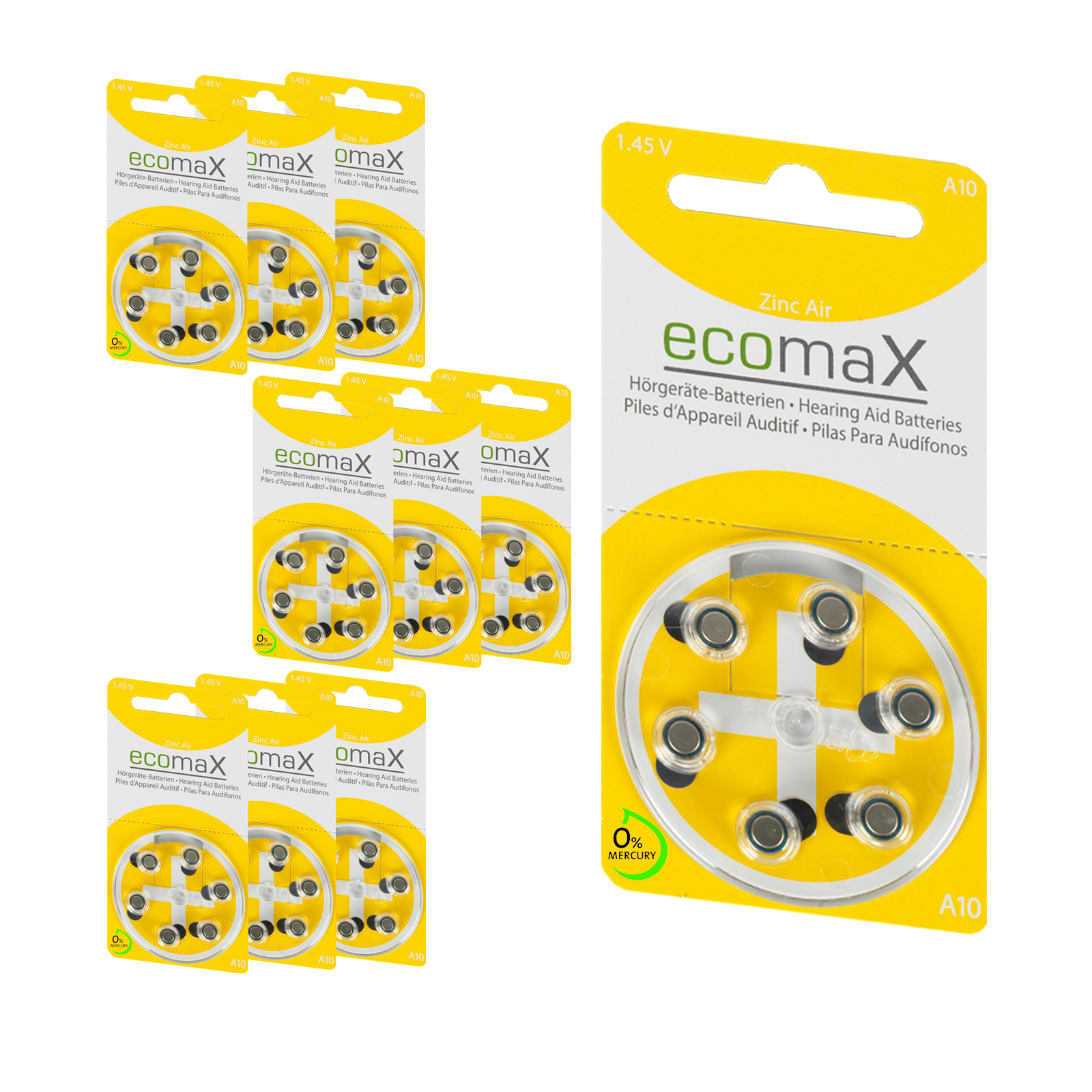 60 Batterien ecomax Hörgerätebatterie Typ 10 PR70 gelb A10
