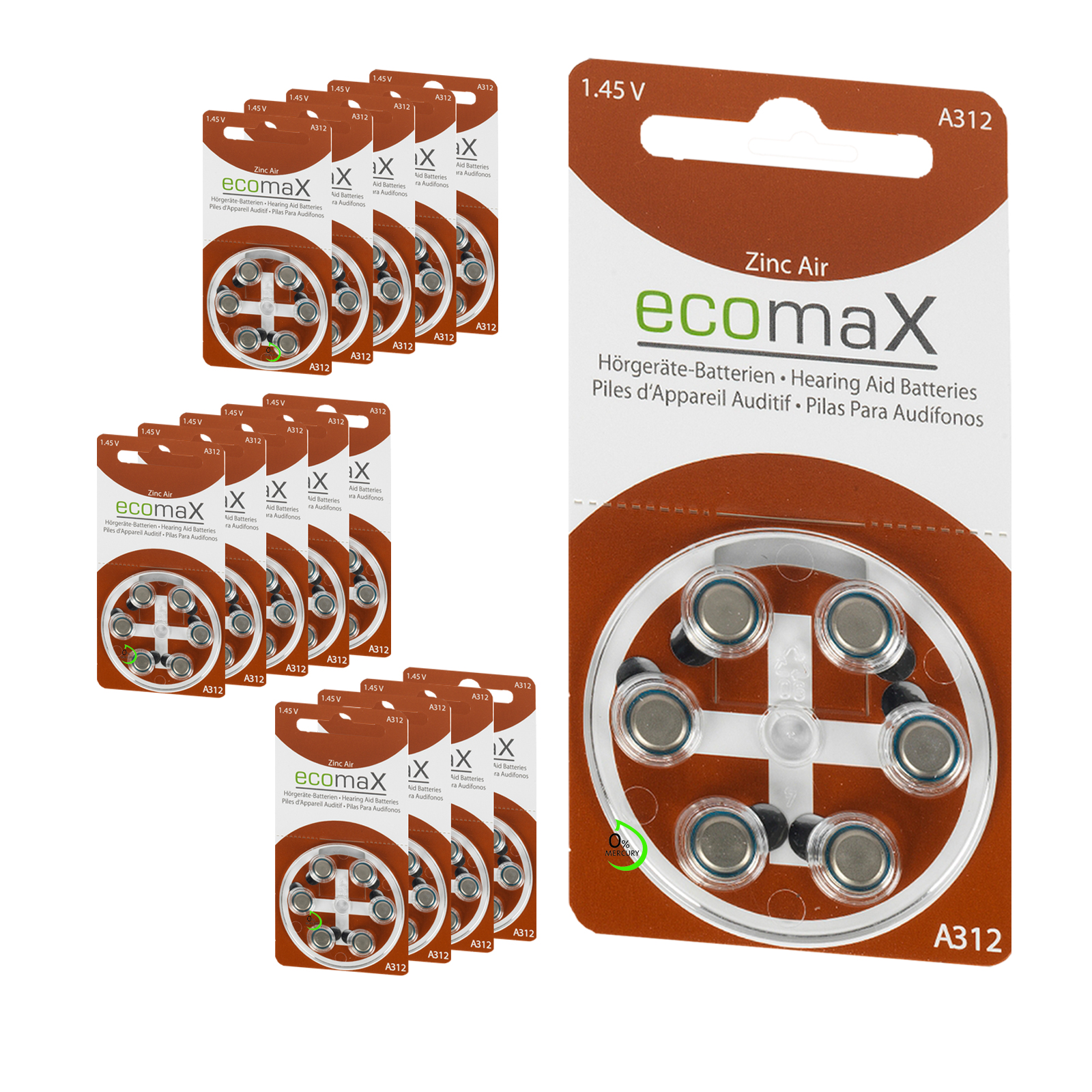 90 Batterien ecomax HÖRGERÄTEBATTERIE Typ 312 PR41 braun A312 90 Batterien ecomax HÖRGERÄTEBATTERIE Typ 312 PR41 braun A312
