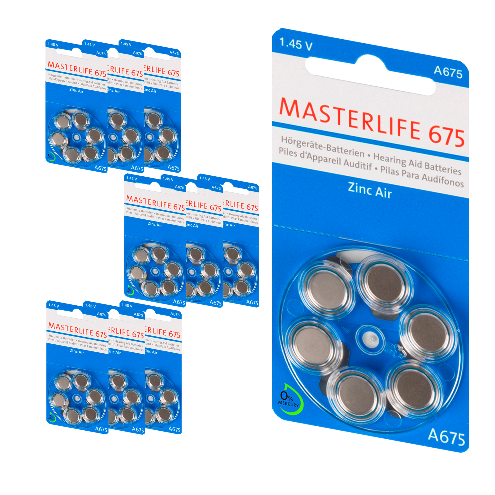 60 Stück Masterlife HÖRGERÄTE BATTERIE Typ 675 PR44 blau A675 Mercury Free