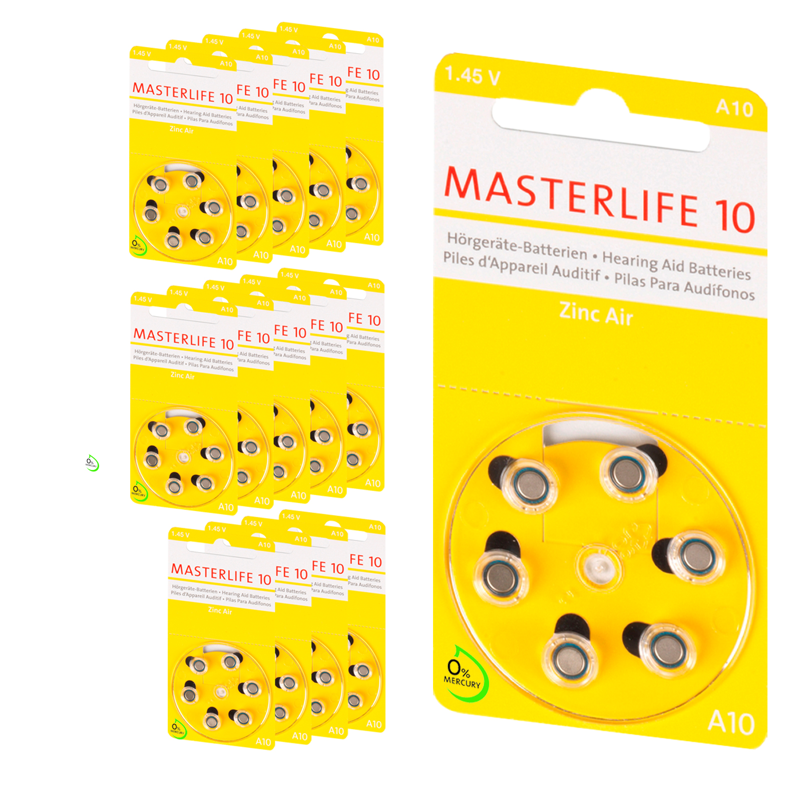 90 Stück Masterlife HÖRGERÄTE BATTERIE Typ 10 PR70 gelb A10 Mercury Free