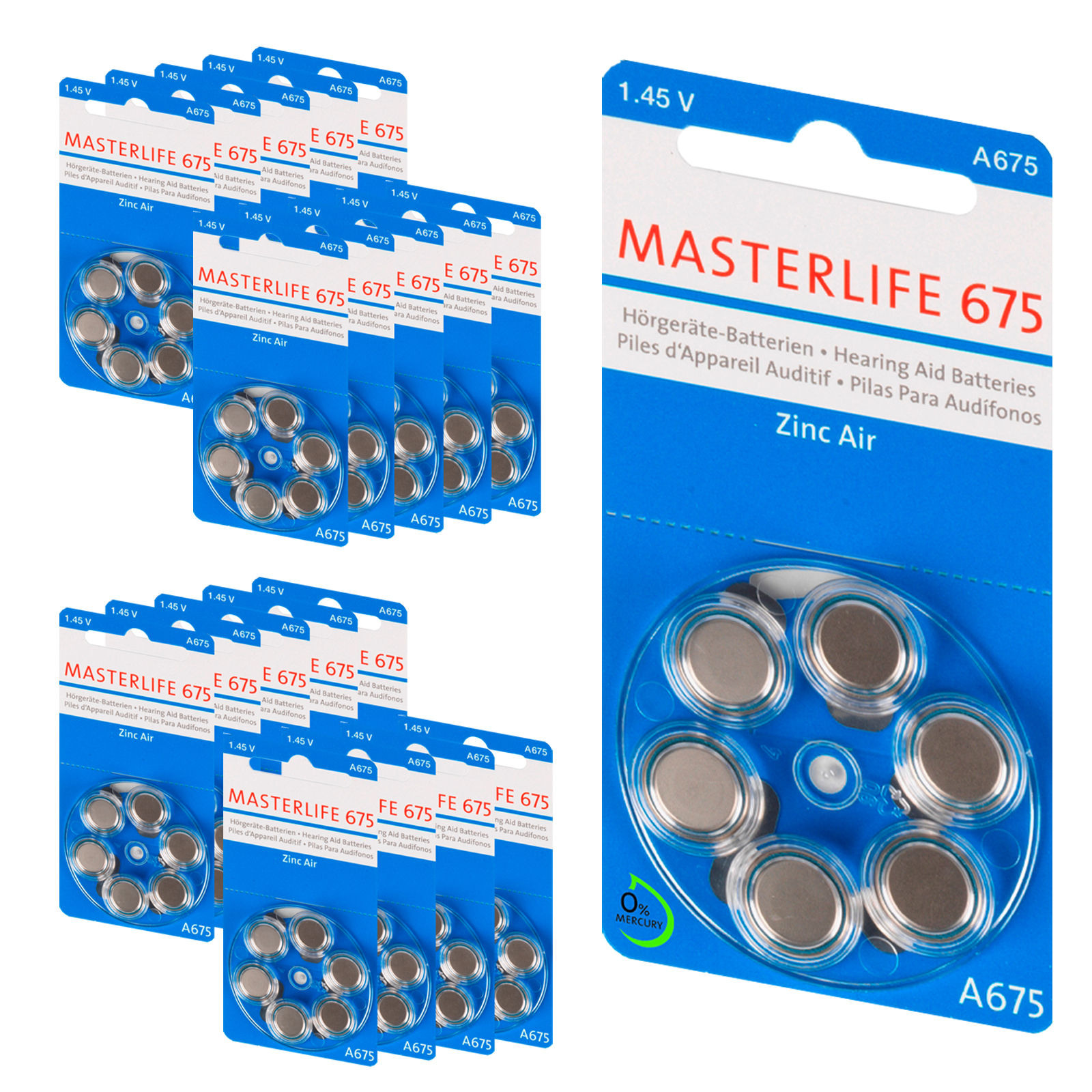 120 Stück Masterlife HÖRGERÄTE BATTERIE Typ 675 PR44 blau A675 Mercury Free