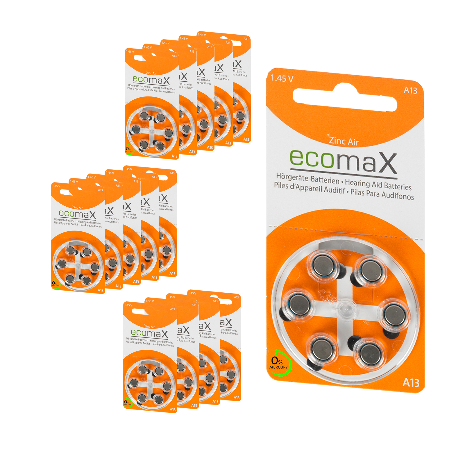 90 Batterien ecomax Hörgerätebatterie Typ 13 Orange PR48