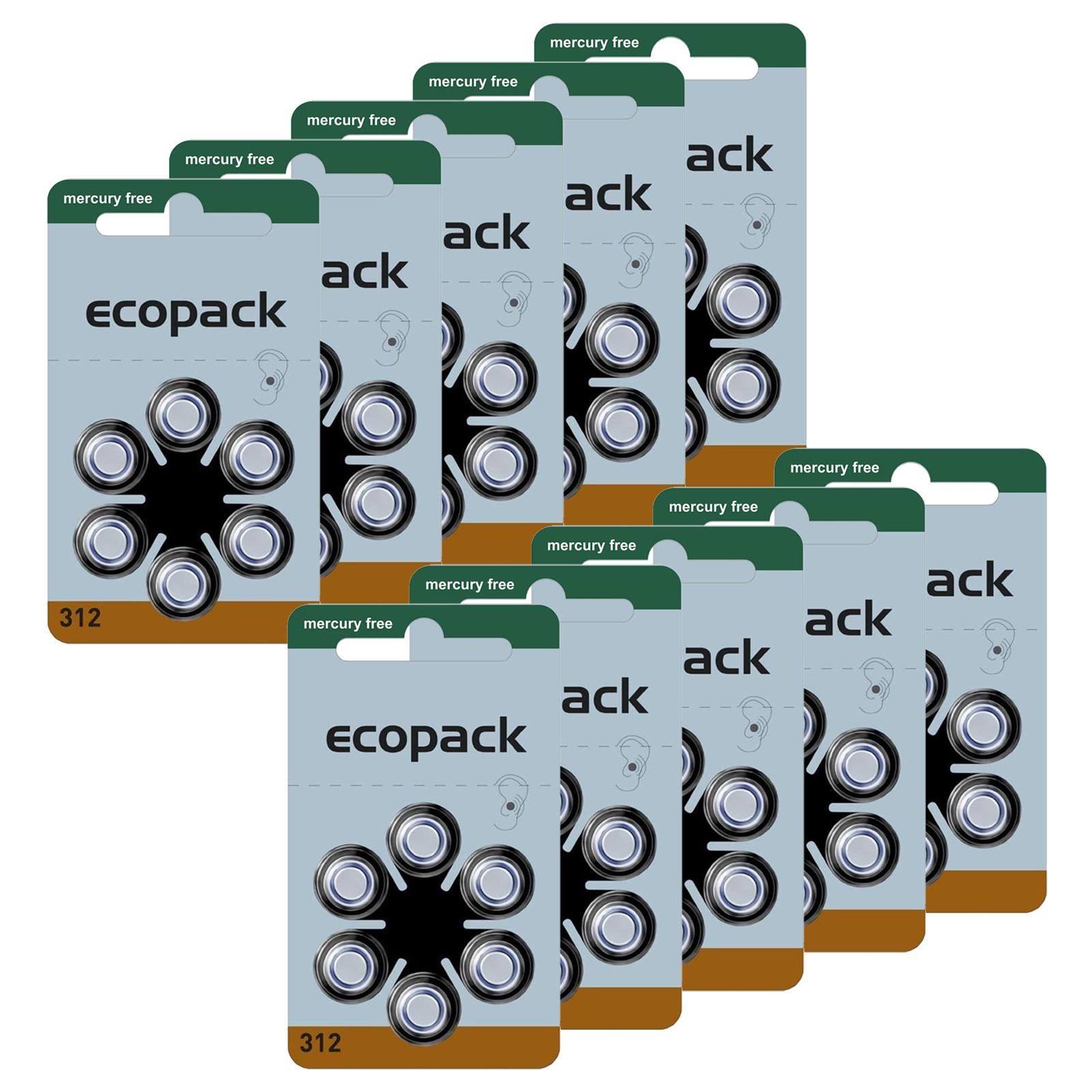 60 Batterien ecopack HÖRGERÄTE BATTERIE Typ 312 PR41 braun A312