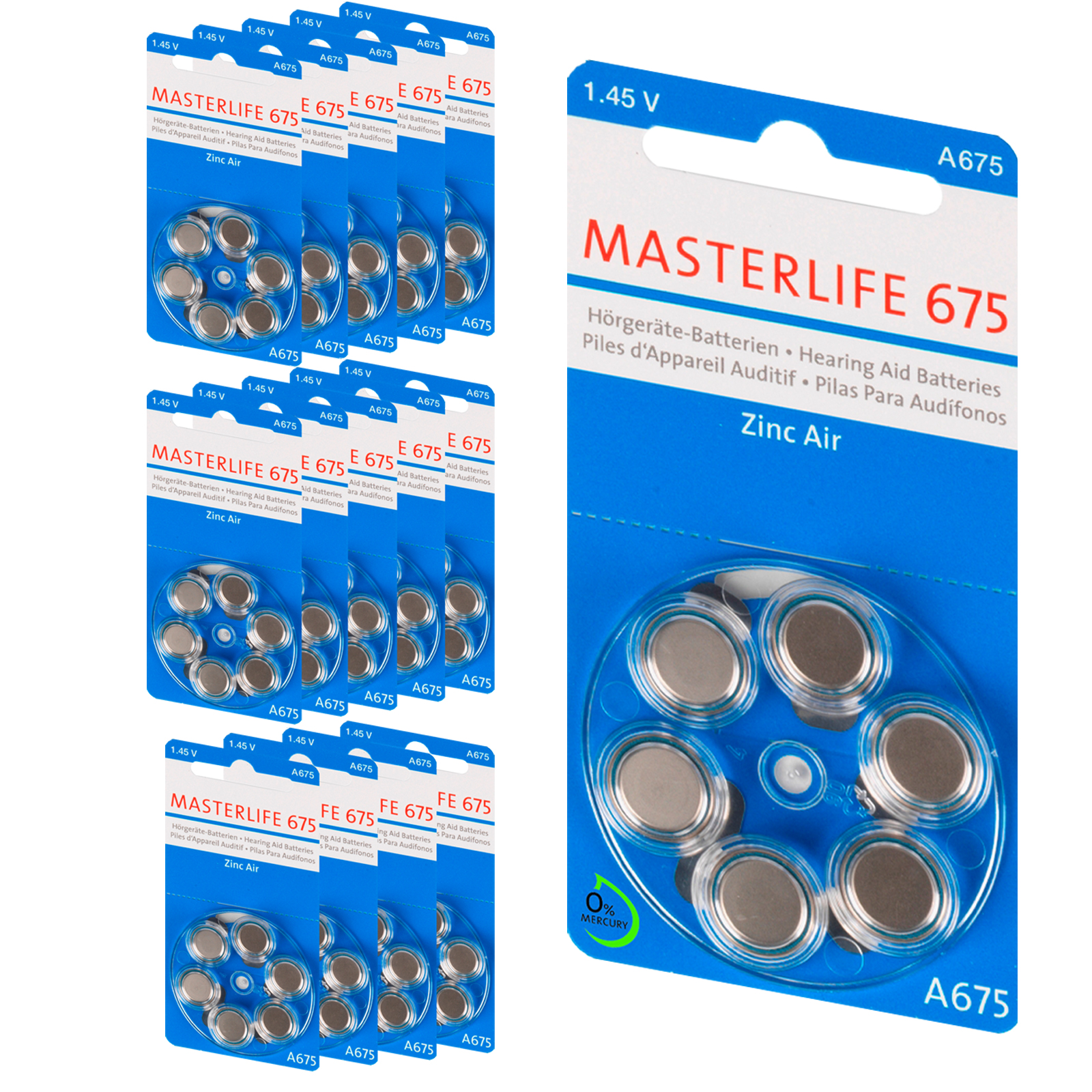 90 Stück Masterlife HÖRGERÄTE BATTERIE Typ 675 PR44 blau A675 Mercury Free