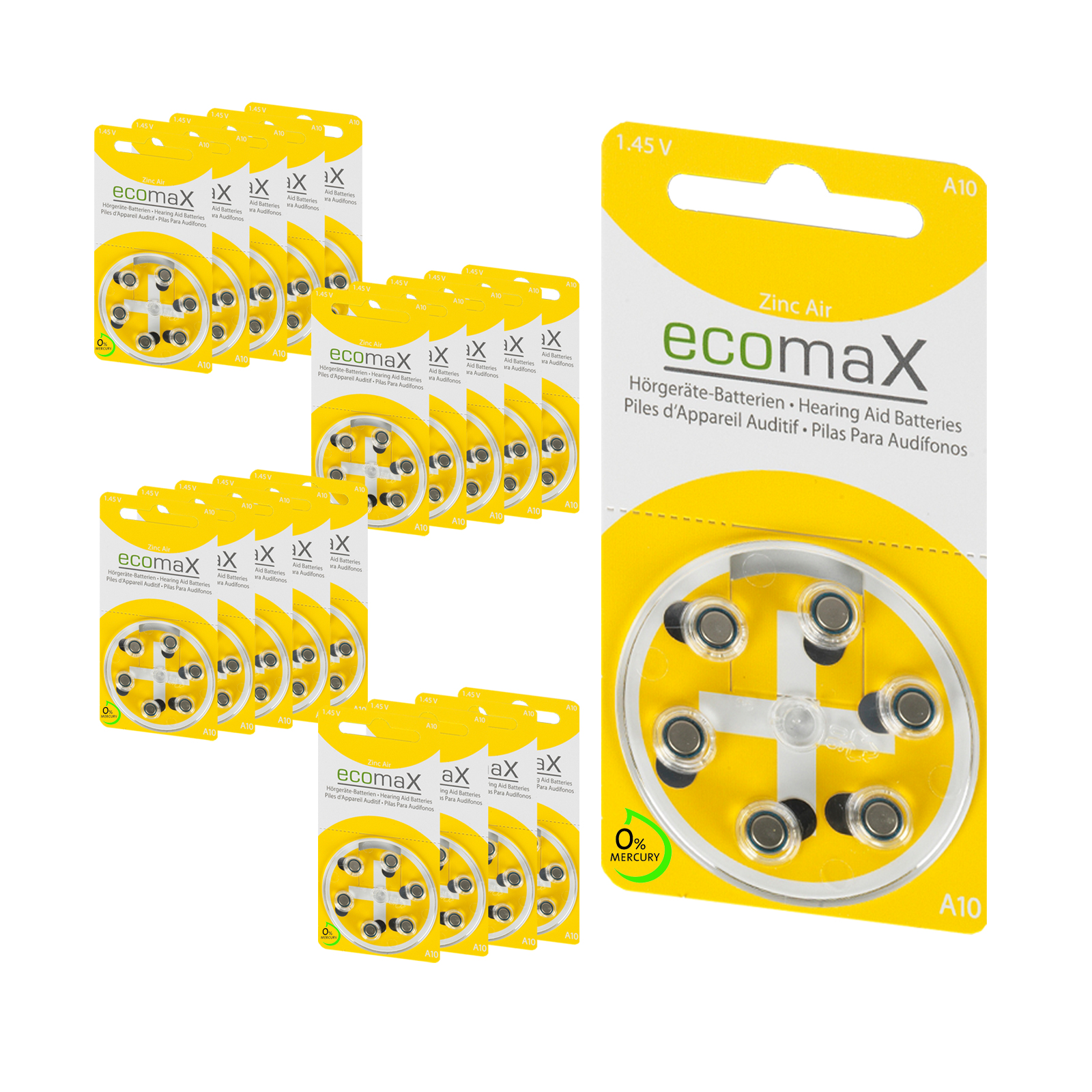 120 Batterien ecomax Hörgerätebatterie Typ 10 PR70 gelb A10
