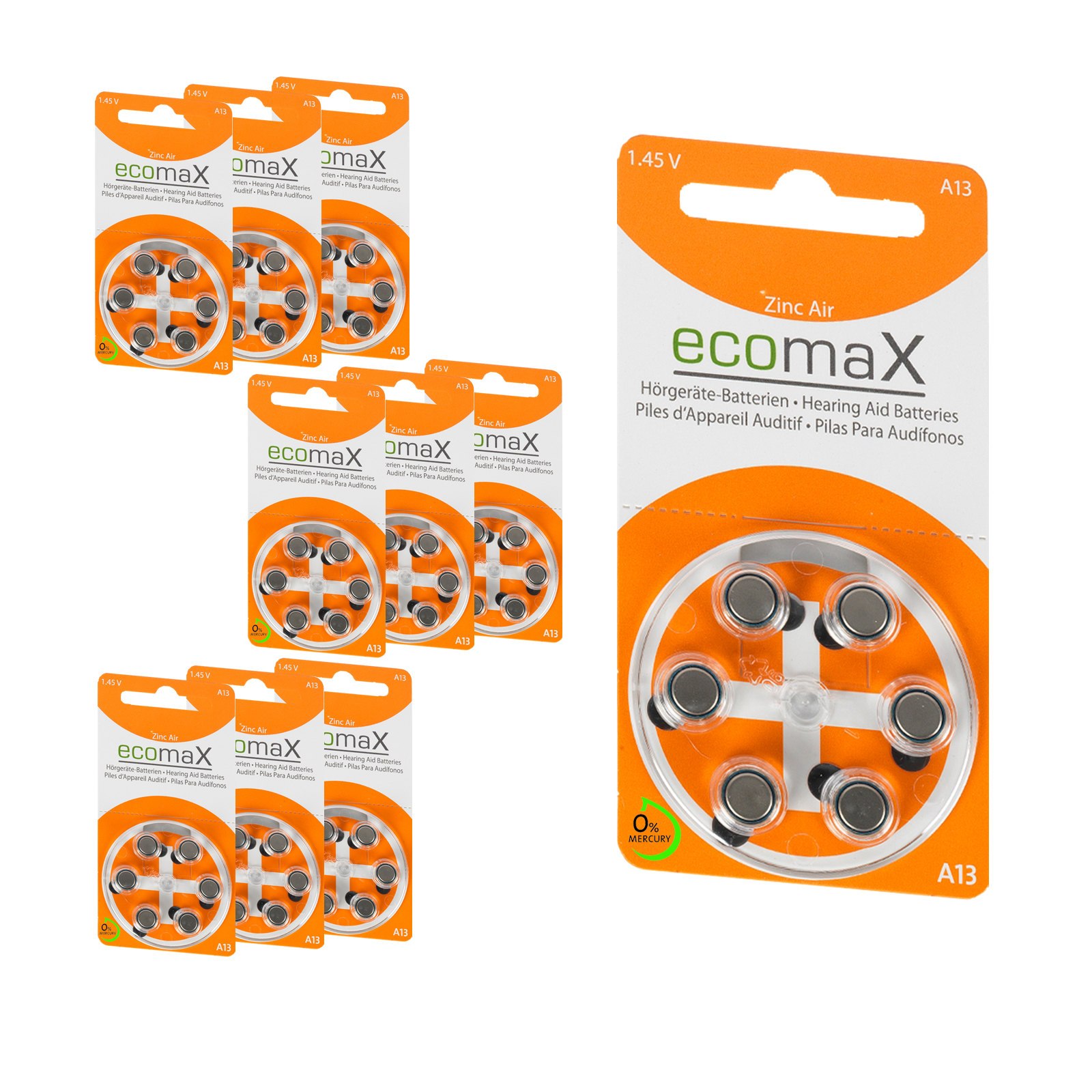 60 Batterien ecomax Hörgerätebatterie Typ 13 Orange PR48
