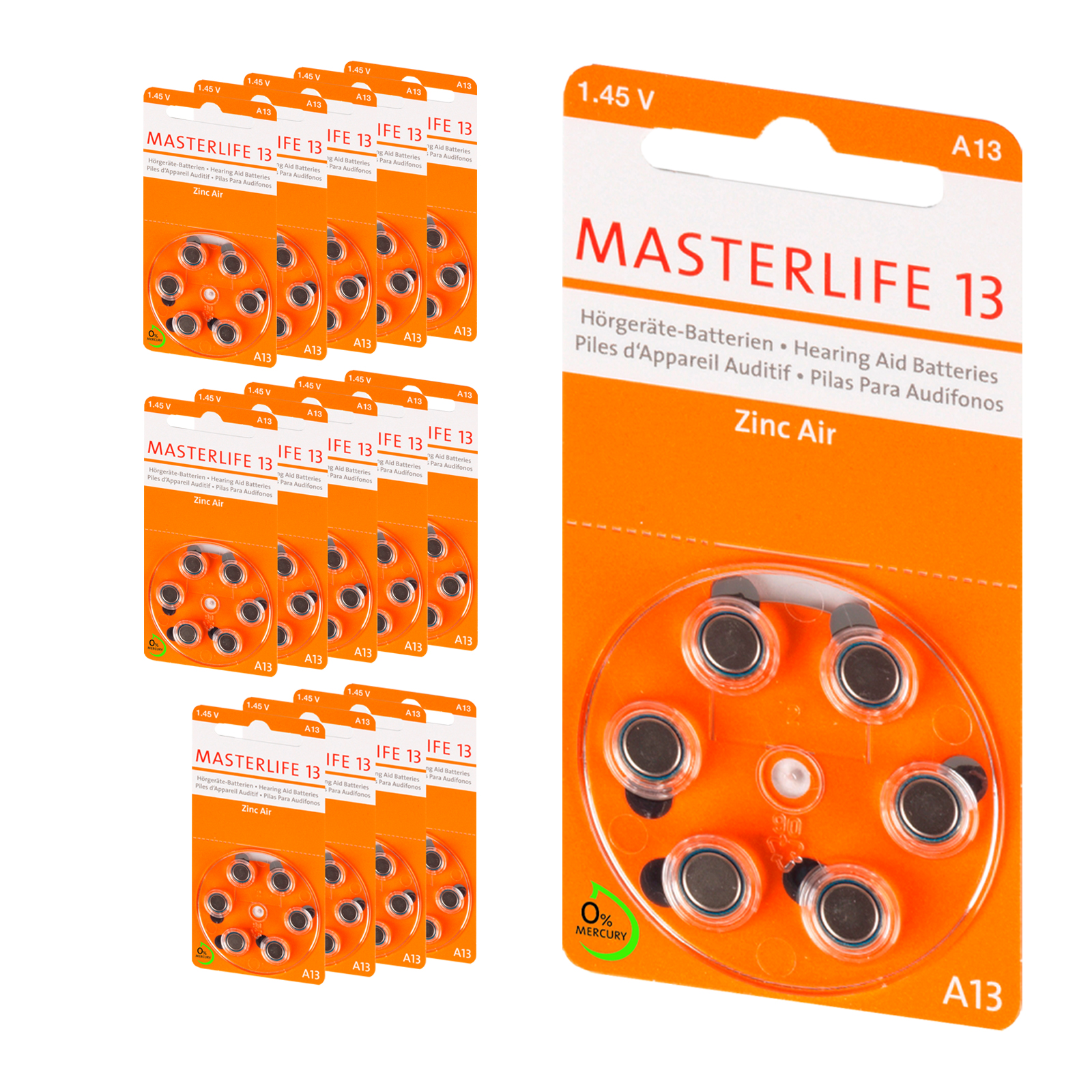 90 Stück Masterlife HÖRGERÄTE BATTERIE Typ 13 Orange PR48 Mercury Free
