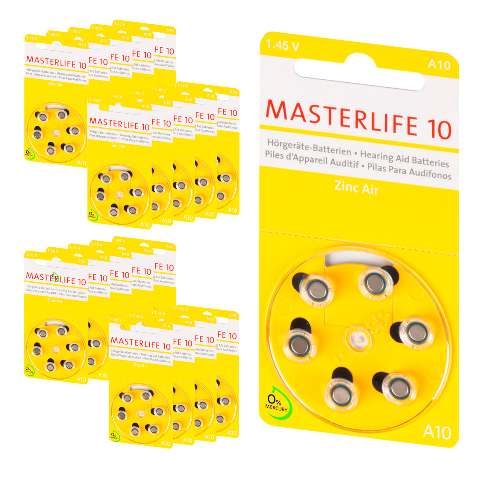 120 Stück Masterlife HÖRGERÄTE BATTERIE Typ 10 PR70 gelb A10 Mercury Free