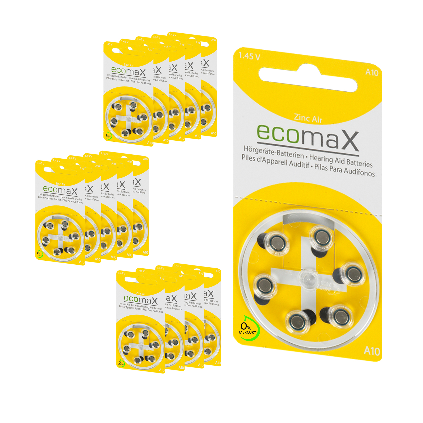 90 Batterien ecomax Hörgerätebatterie Typ 10 PR70 gelb A10