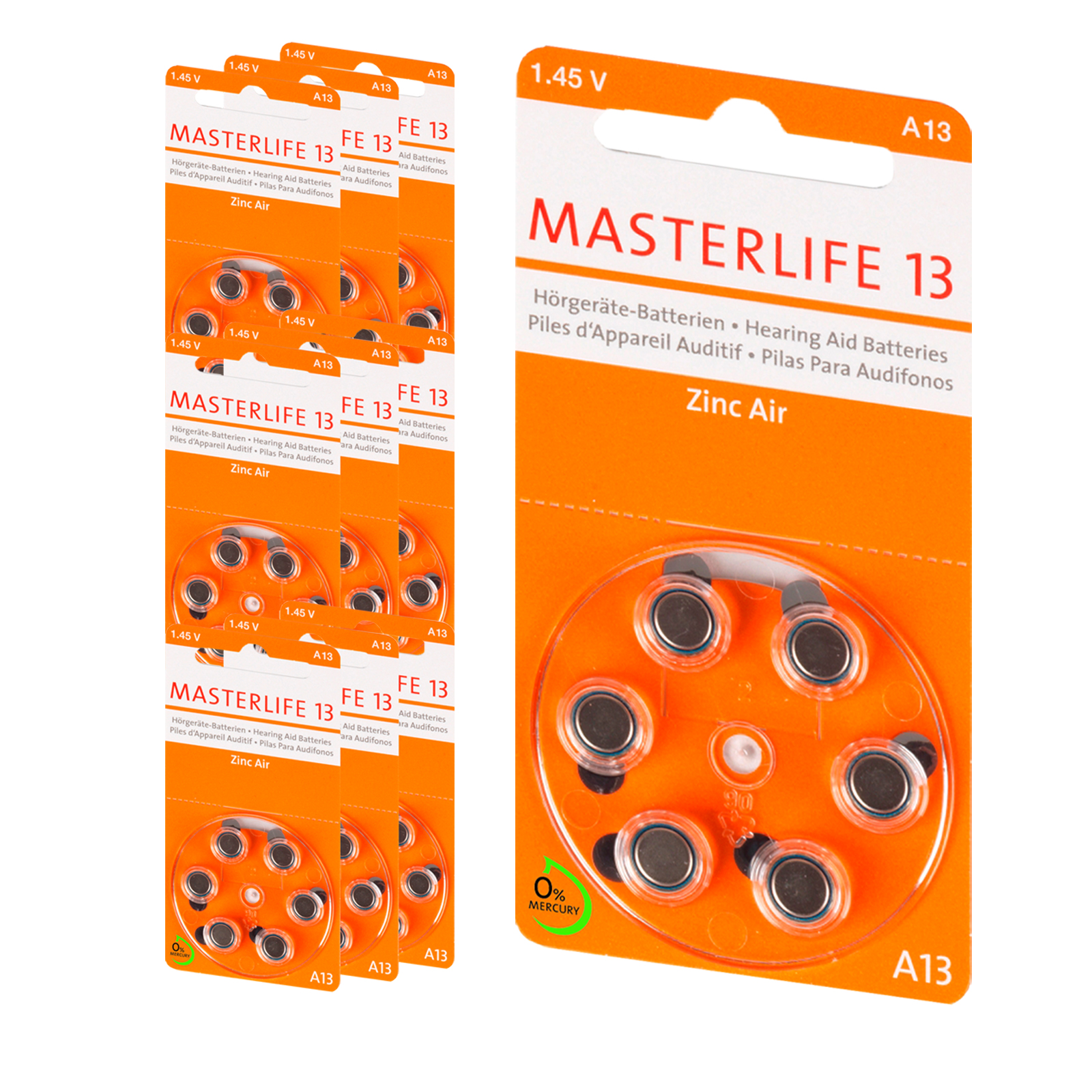 60 Stück Masterlife HÖRGERÄTE BATTERIE Typ 13 Orange PR48 Mercury Free