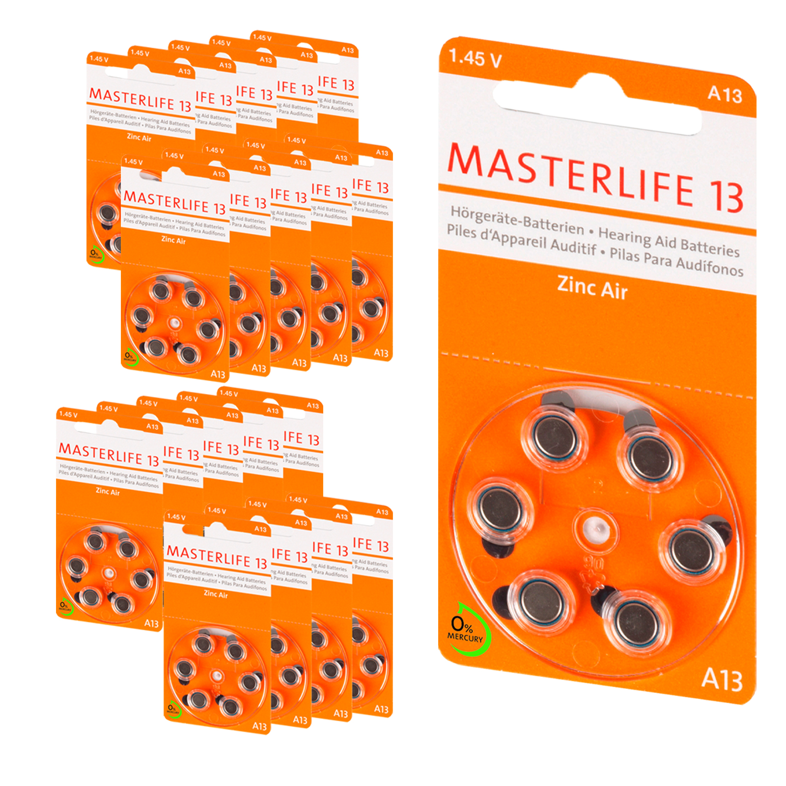 120 Stück Masterlife HÖRGERÄTE BATTERIE Typ 13 Orange PR48 Mercury Free