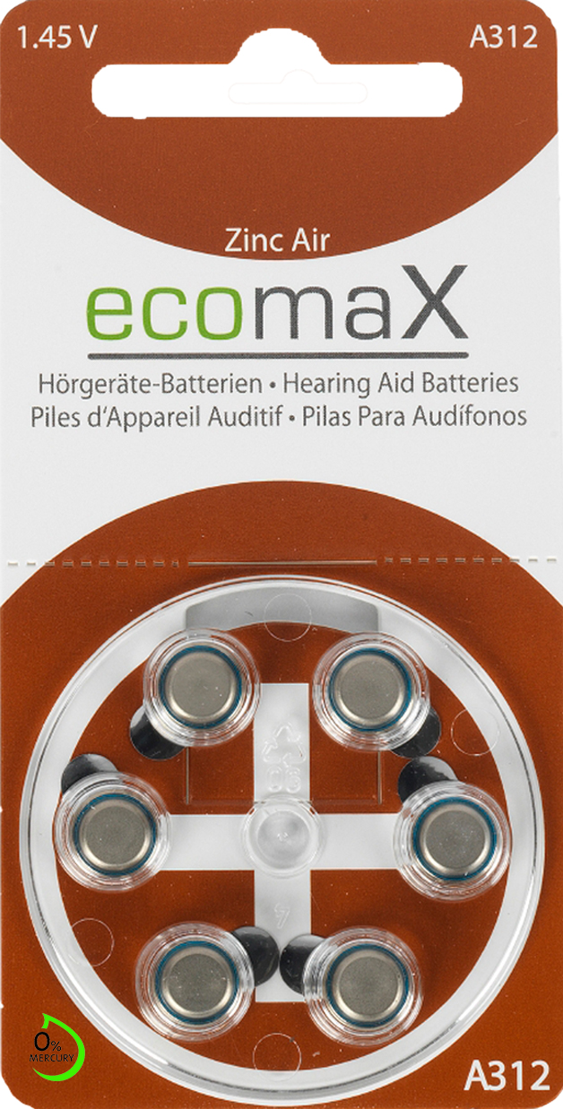 ecomax HÖRGERÄTE BATTERIE Typ 312 PR41 braun A312