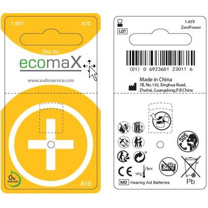 60 Batterien ecomax Hörgerätebatterie Typ 10 PR70 gelb A10